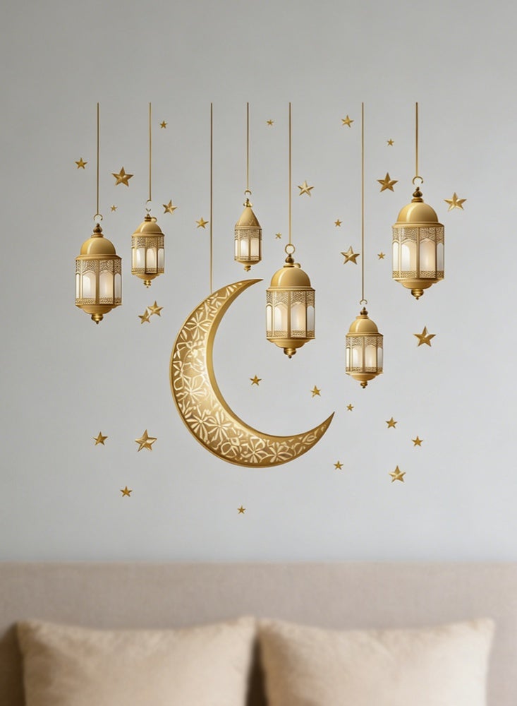 موندا ملصقات جدارية ذهبية على شكل فانوس وهلال إسلامي - ملصقات فينيل قابلة للإزالة لتزيين المنزل، غرفة المعيشة، غرفة النوم، أو أي مناسبة احتفالية أخرى. - Image 1