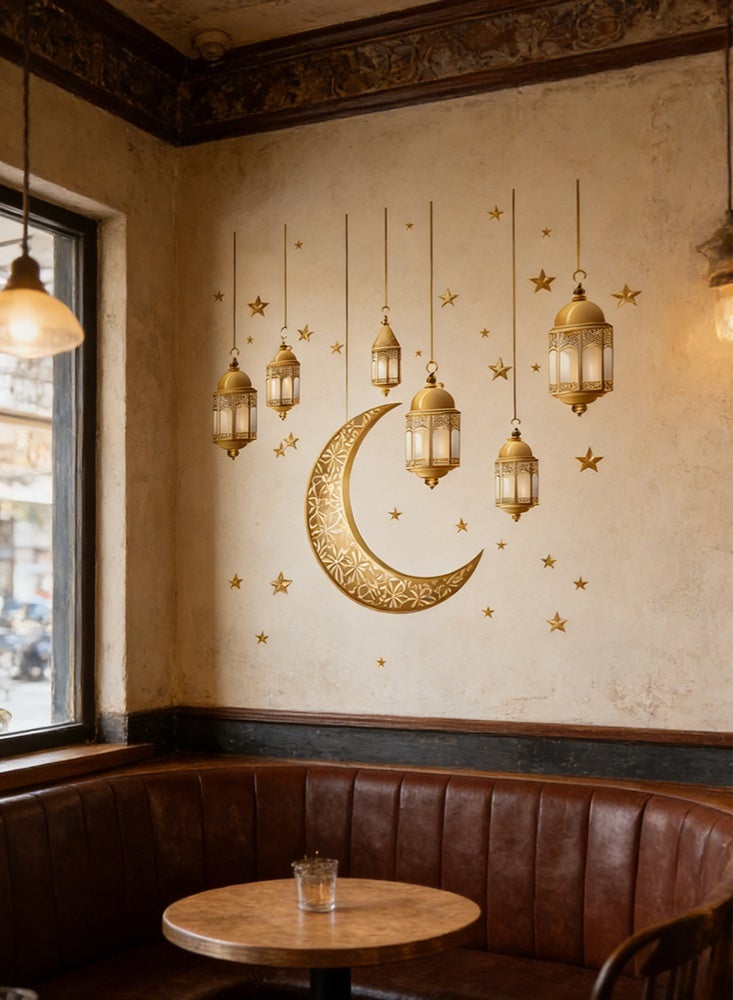 موندا ملصقات جدارية ذهبية على شكل فانوس وهلال إسلامي - ملصقات فينيل قابلة للإزالة لتزيين المنزل، غرفة المعيشة، غرفة النوم، أو أي مناسبة احتفالية أخرى. - Image 4