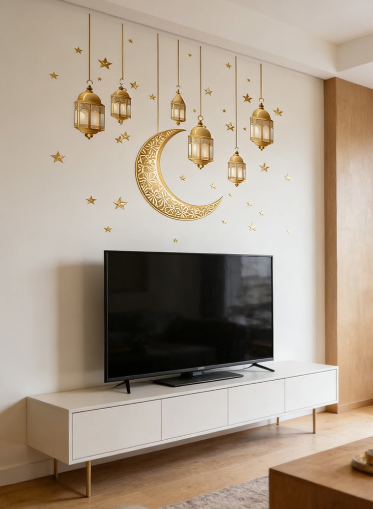 موندا ملصقات جدارية ذهبية على شكل فانوس وهلال إسلامي - ملصقات فينيل قابلة للإزالة لتزيين المنزل، غرفة المعيشة، غرفة النوم، أو أي مناسبة احتفالية أخرى. - Image 3