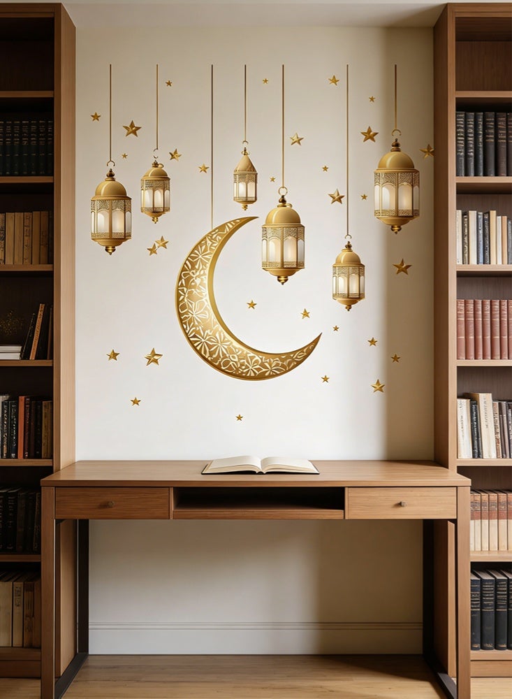 موندا ملصقات جدارية ذهبية على شكل فانوس وهلال إسلامي - ملصقات فينيل قابلة للإزالة لتزيين المنزل، غرفة المعيشة، غرفة النوم، أو أي مناسبة احتفالية أخرى. - Image 5