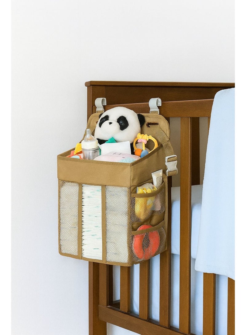 حقيبة تنظيم مستلزمات الأطفال للتعليق بجانب سرير الطفل – متعددة الجيوب لتخزين الحفاضات وزجاجات الحليب - Image 2
