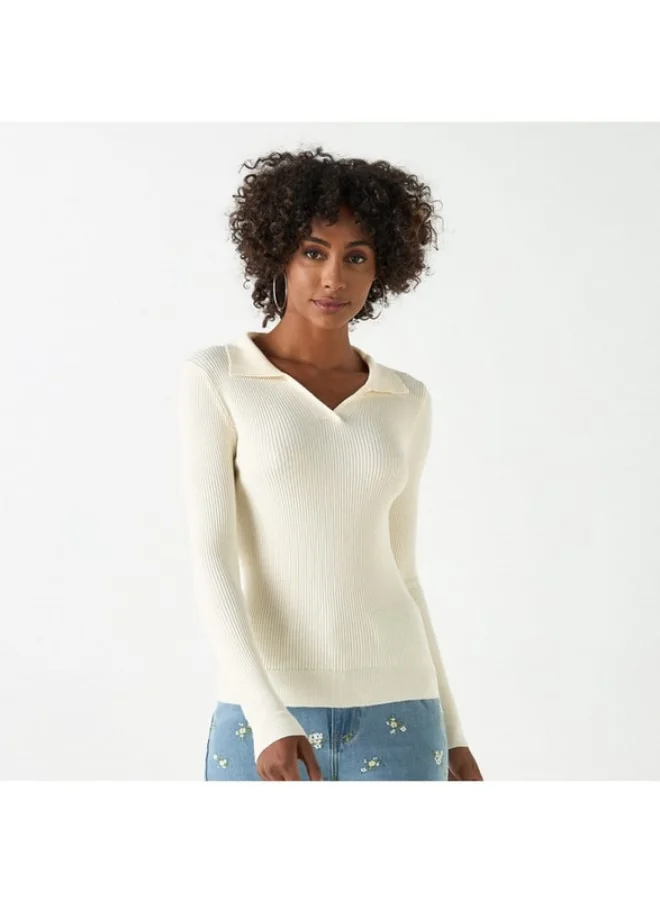 2Xtremz 2Xtremz Ribbed Sweater with Long Sleeves and Collared Neckline