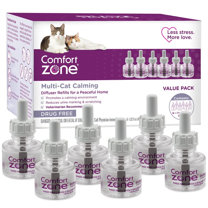 COMFORT ZONE 6 Pack MultiCat Diffuser Refills; Cat Calming Pheromones Help Anxiety; 30-day refills - Image 1