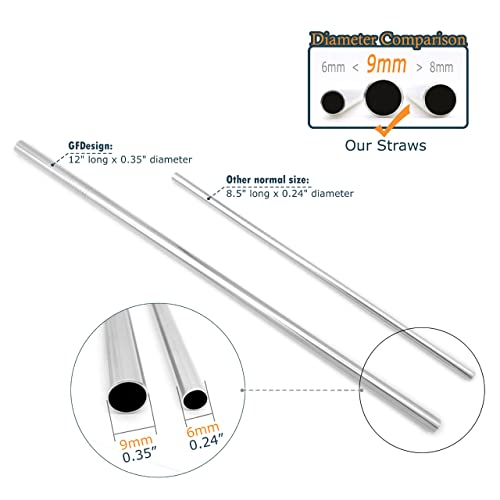 GFDesign Big Drinking Straws Reusable 12" Extra Long 9mm Extra Wide SUS 304 Food-Grade 18/8 Stainless Steel - Set of 4 with 2 Cleaning Brushes - Straight - Image 2