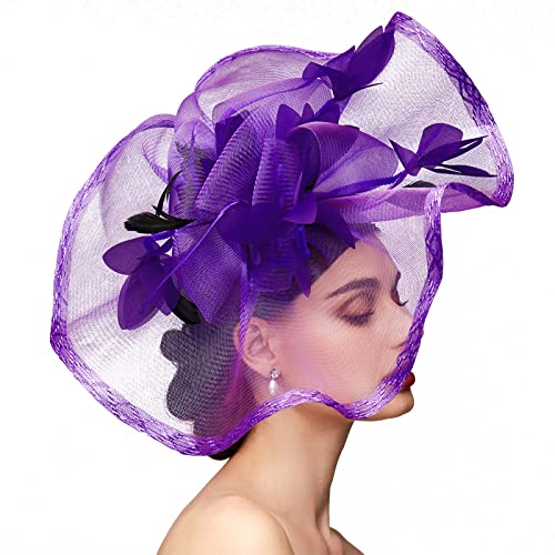 TS Fascinators Hat Mesh Floral Feather Fascinator Headband for Wedding Cocktail Tea Party or Special Occasion(Purple) - Image 2