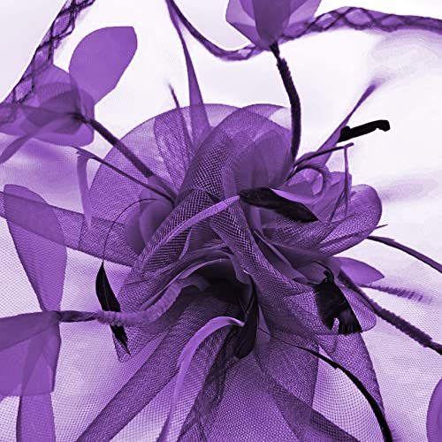 TS Fascinators Hat Mesh Floral Feather Fascinator Headband for Wedding Cocktail Tea Party or Special Occasion(Purple) - Image 5