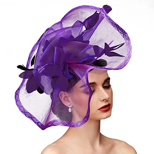 TS Fascinators Hat Mesh Floral Feather Fascinator Headband for Wedding Cocktail Tea Party or Special Occasion(Purple) - Image 1