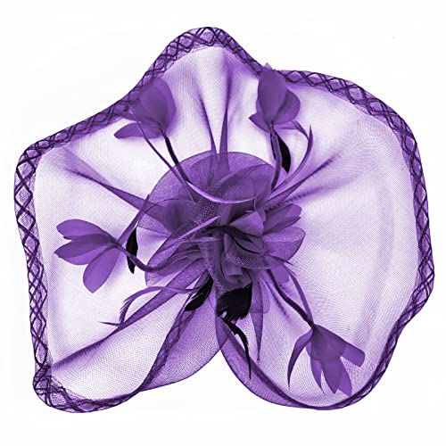 TS Fascinators Hat Mesh Floral Feather Fascinator Headband for Wedding Cocktail Tea Party or Special Occasion(Purple) - Image 3