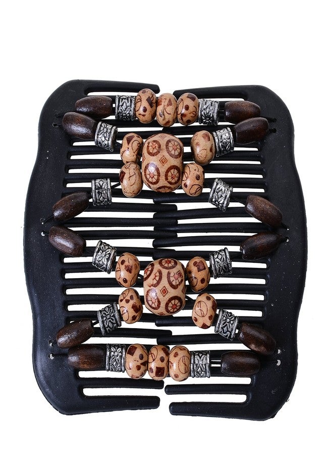 LOVEF Women Magic Hair Combs Wood Beaded Stretch Double Side Combs Clips Bun Maker Hair Accessories (Coffee 1) - Image 2