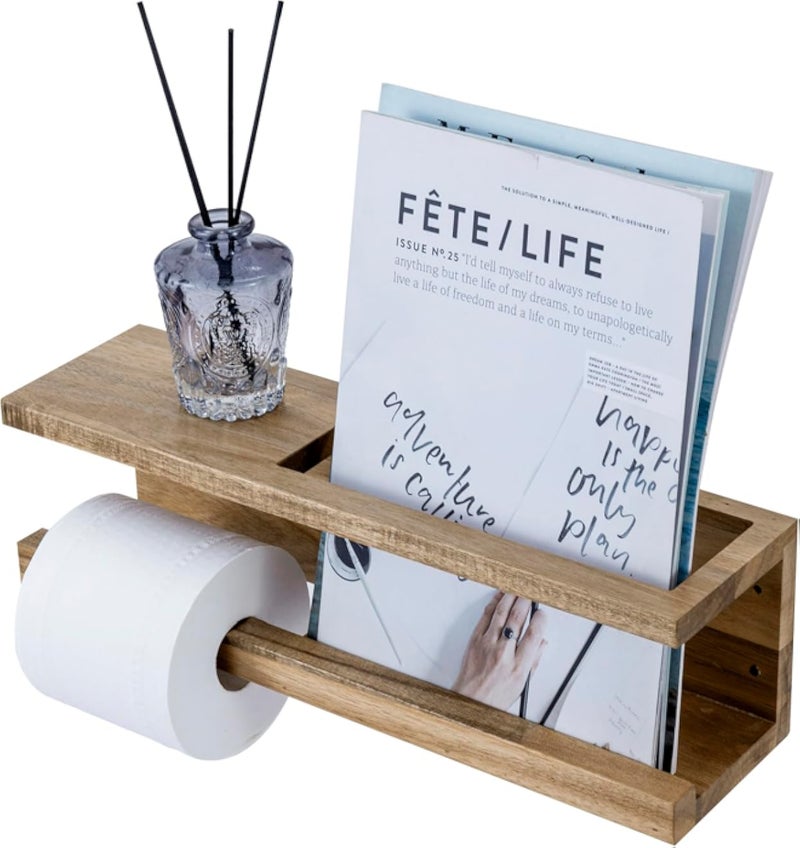 MyGift Wall Mounted Premium Acacia Wood Toilet Paper Holder with Magazine Rack â€“ Stylish Bathroom Organizer, Durable & Functional