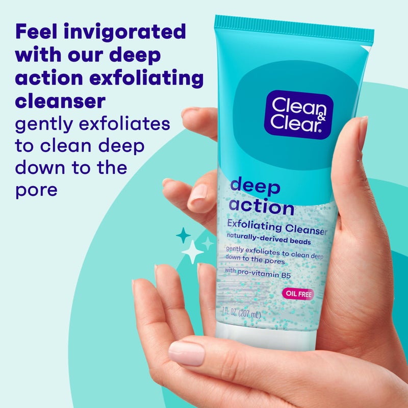 Clean & Clear Deep Action Exfoliating Facial Cleanser, Scrub & Face Wash, Pro-Vitamin B5, Lactic & Glycolic Acids, Oil-Free Gentle Daily Exfoliator for Soft, Smooth, Hydrated Skin, Vegan, 7 Fl Oz Tube - Image 2