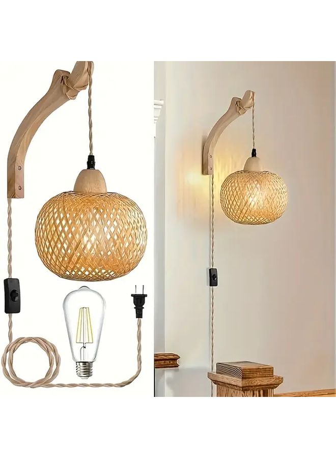 Plug In Bamboo Wall Lamp Natural Rattan Woven Lantern Power Supply Industrial Style Bedroom Bedside Lamp Farmhouse Rustic Wall Decor 1 Pack Bulb Not Included - Image 1