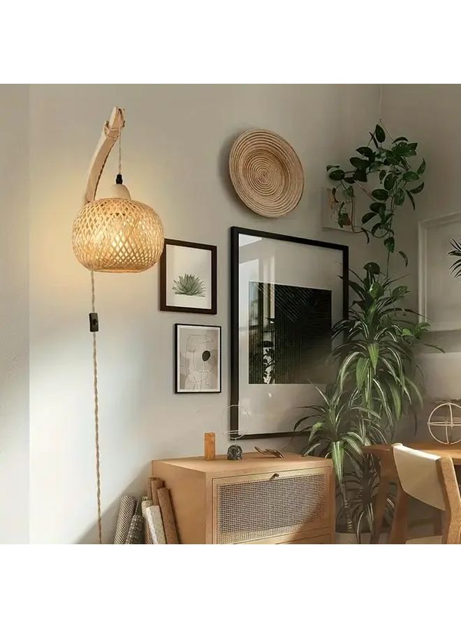 Plug In Bamboo Wall Lamp Natural Rattan Woven Lantern Power Supply Industrial Style Bedroom Bedside Lamp Farmhouse Rustic Wall Decor 1 Pack Bulb Not Included - Image 5