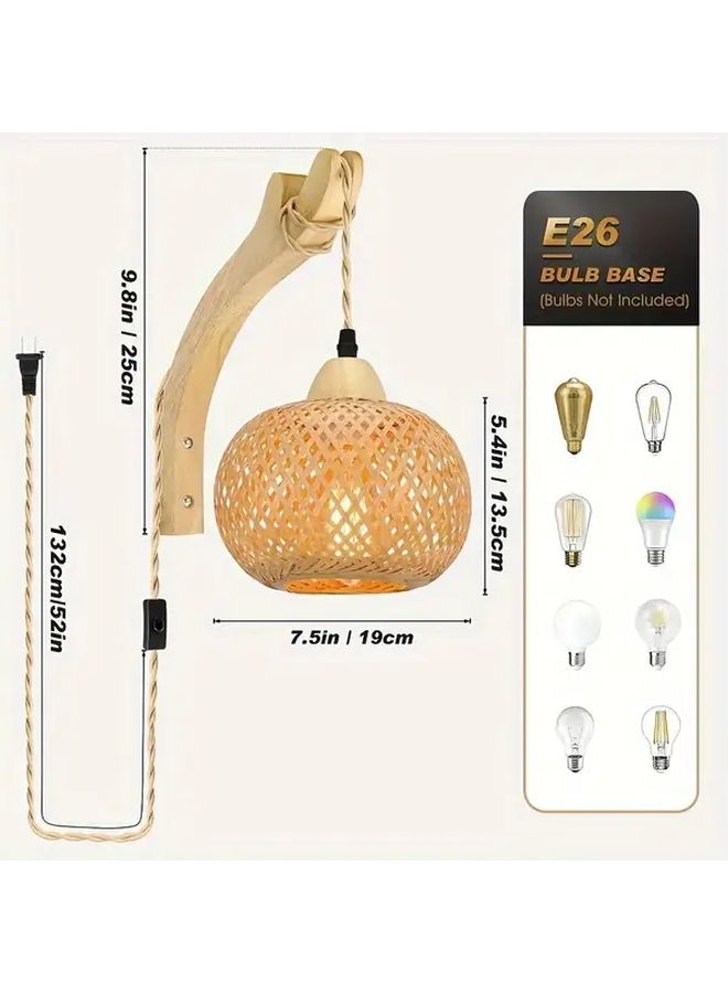 Plug In Bamboo Wall Lamp Natural Rattan Woven Lantern Power Supply Industrial Style Bedroom Bedside Lamp Farmhouse Rustic Wall Decor 1 Pack Bulb Not Included - Image 3
