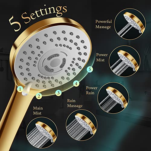 PinWin Shower Head,12'' Rain Shower Head with 11'' Adjustable Extension Arm and 5 Settings High Pressure Handheld Shower Head Combo,Powerful Shower Spray Against Low Pressure Water-Brushed Gold - Image 4
