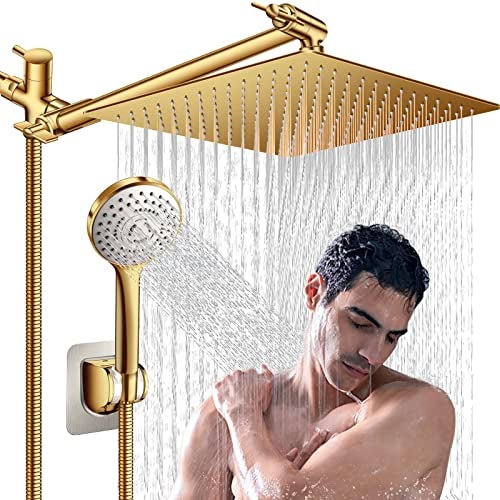 PinWin Shower Head,12'' Rain Shower Head with 11'' Adjustable Extension Arm and 5 Settings High Pressure Handheld Shower Head Combo,Powerful Shower Spray Against Low Pressure Water-Brushed Gold - Image 1
