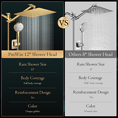 PinWin Shower Head,12'' Rain Shower Head with 11'' Adjustable Extension Arm and 5 Settings High Pressure Handheld Shower Head Combo,Powerful Shower Spray Against Low Pressure Water-Brushed Gold - Image 2