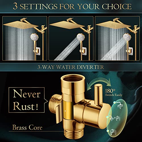 PinWin Shower Head,12'' Rain Shower Head with 11'' Adjustable Extension Arm and 5 Settings High Pressure Handheld Shower Head Combo,Powerful Shower Spray Against Low Pressure Water-Brushed Gold - Image 3