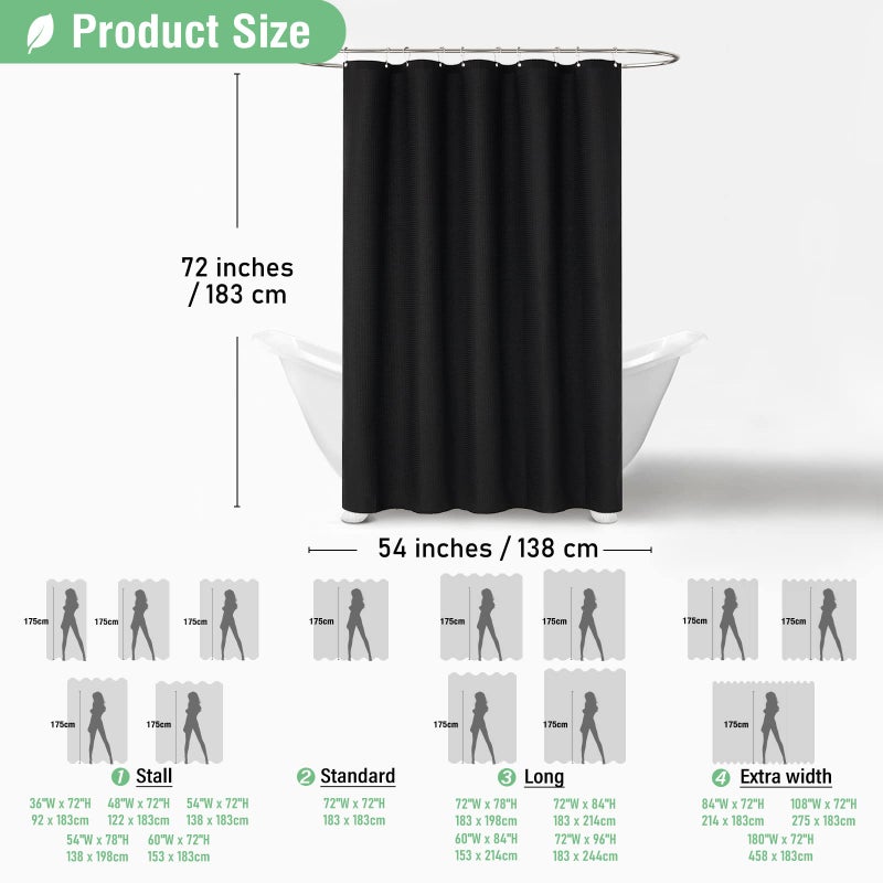 Dynamene Stall Fabric Shower Curtain - 54 inch Wide Waffle Weave Weighted Thick Cloth Shower Curtains for Bathroom  Neutral Heavy Duty Hotel Spa Luxury Bath Curtain Set with 10 Hooks  54x72  Black - Image 4