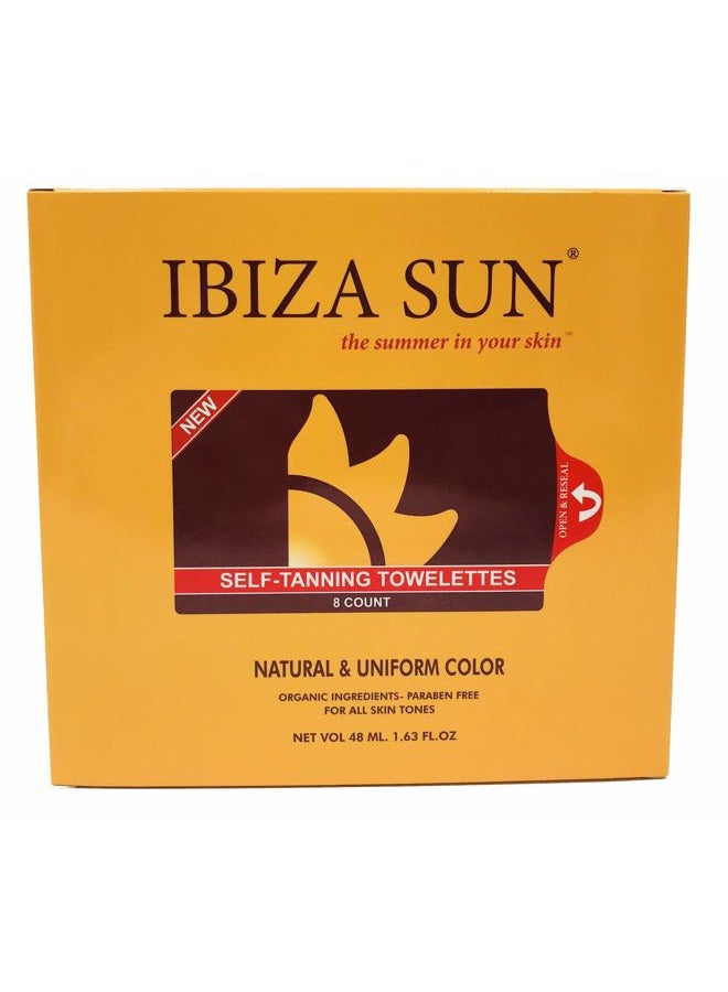 Ibiza Sun مناديل تان ذاتي عضوي بمكونات طبيعية للتسمير بدون شمس للوجه والجسم - مناديل تان ذاتي عضوي خالية من البارابين - خالية من القسوة - نباتية - بدون رائحة - مناشف تان - لجميع ألوان البشرة - 8 قطع. - Image 1