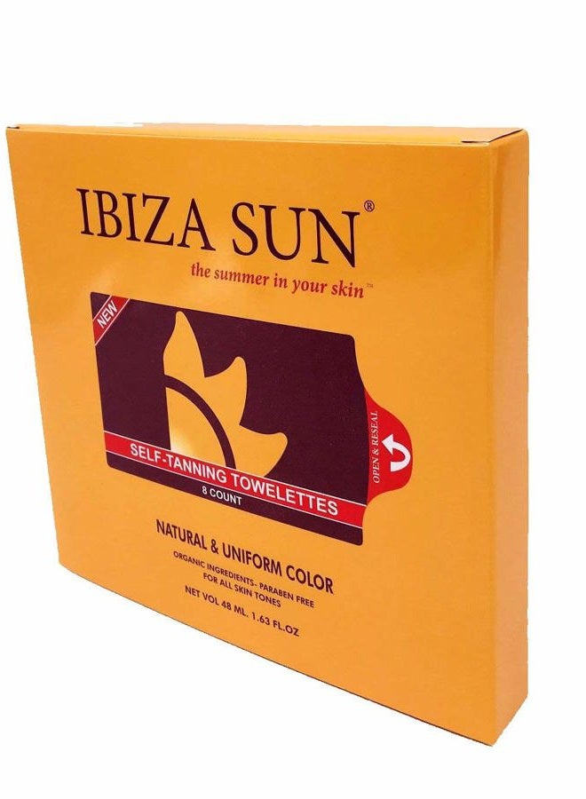 Ibiza Sun مناديل تان ذاتي عضوي بمكونات طبيعية للتسمير بدون شمس للوجه والجسم - مناديل تان ذاتي عضوي خالية من البارابين - خالية من القسوة - نباتية - بدون رائحة - مناشف تان - لجميع ألوان البشرة - 8 قطع. - Image 2