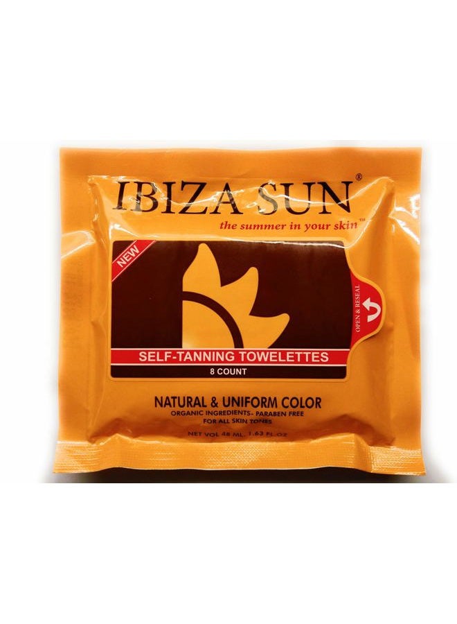 Ibiza Sun مناديل تان ذاتي عضوي بمكونات طبيعية للتسمير بدون شمس للوجه والجسم - مناديل تان ذاتي عضوي خالية من البارابين - خالية من القسوة - نباتية - بدون رائحة - مناشف تان - لجميع ألوان البشرة - 8 قطع. - Image 4