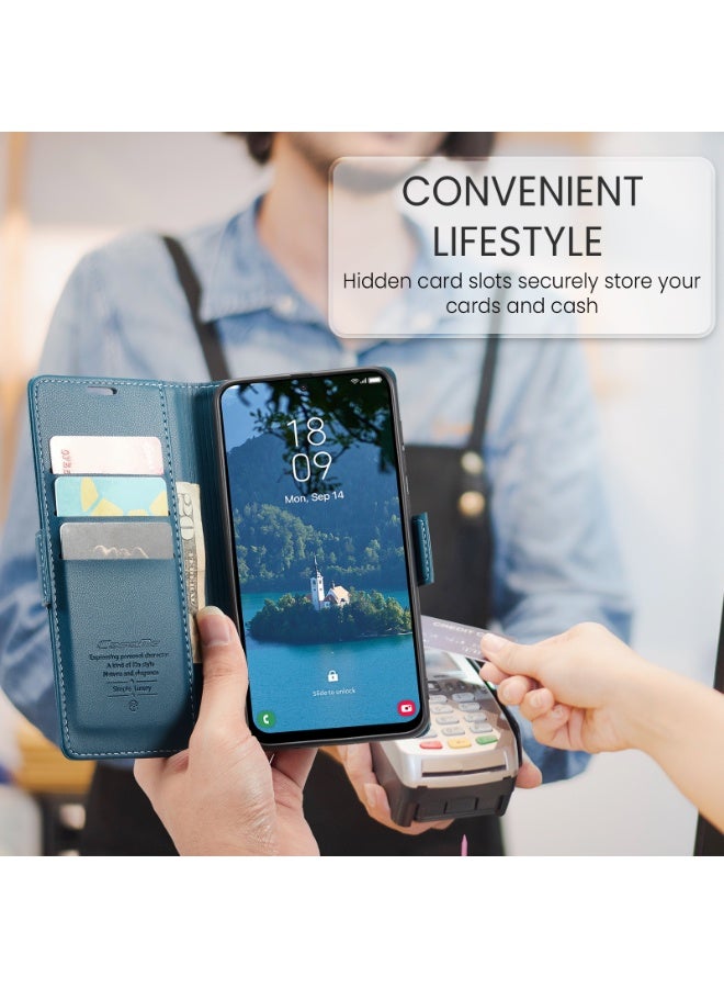 CaseMe Phone Case Luxury PU Leather Design Anti Fingerprint 023 Flip Cover Card Slot Holder Cover For  Samsung Galaxy A17 (Blue) - Image 3