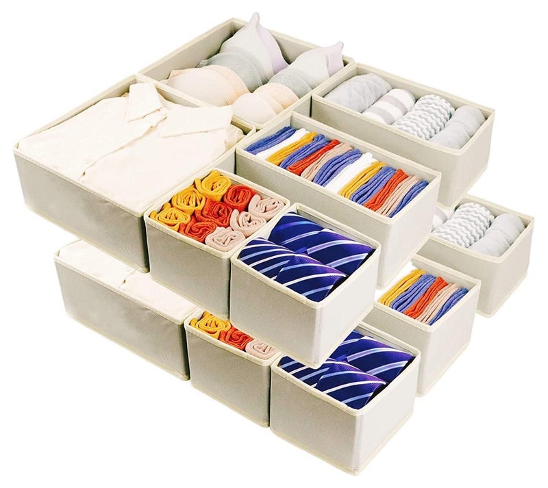 DUNISO منظمات تخزين الملابس، 12 مجموعة من منظم أدراج الملابس الداخلية القابل للطي ومقسمات الخزانة، صندوق تخزين للملابس والجوارب والملابس الداخلية (بيج) - Image 1