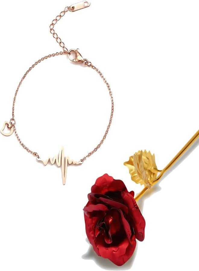 Thrillz Valentine Gift For Girlfriend Anklet For Women Rose Gold Plated Heartbeat Anklet For Women Girls With Golden Flower Love Gifts Jewellery - Image 1