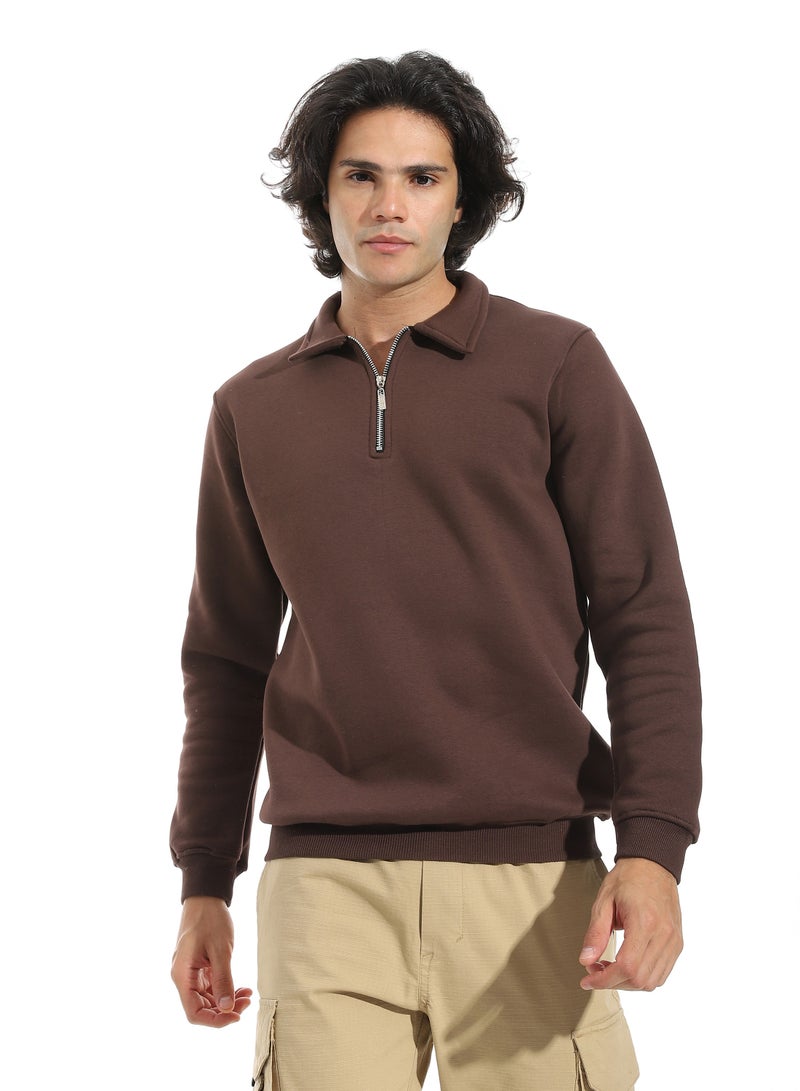Andora Turned Down Collar Zipper Closure Sweatshirt _ Brown - Image 1