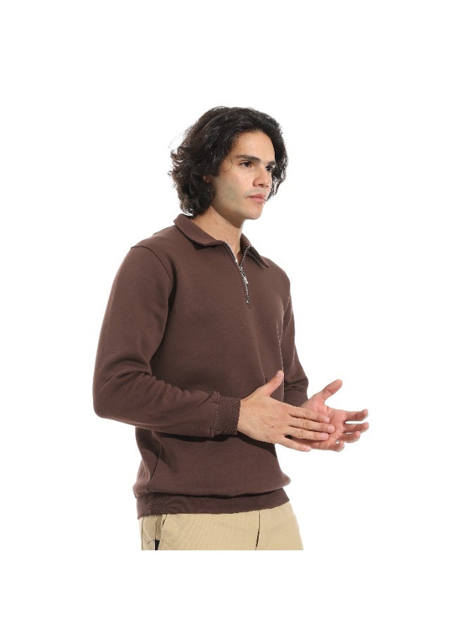 Andora Turned Down Collar Zipper Closure Sweatshirt _ Brown - Image 5