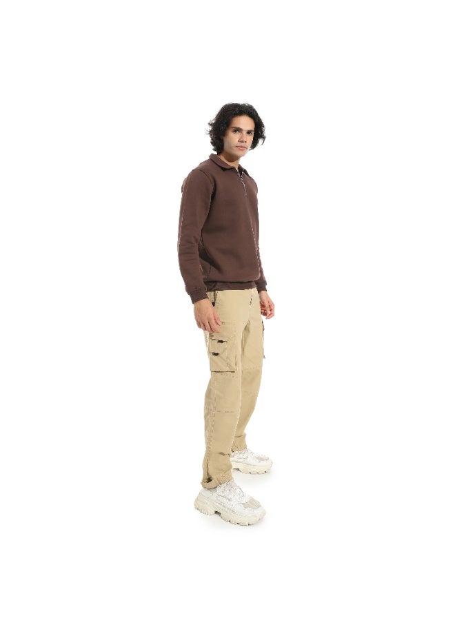 Andora Turned Down Collar Zipper Closure Sweatshirt _ Brown - Image 3