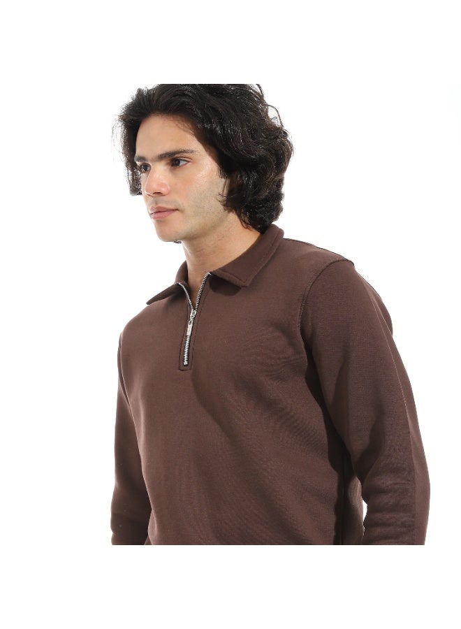 Andora Turned Down Collar Zipper Closure Sweatshirt _ Brown - Image 4
