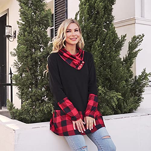 Miusey Tunic Sweatshirt,Women Contrast Long Sleeve Casual Loose Button Cowl Neck Fashion Chic Reindeer Print Fall Designer Clothes Feminine Leisure Stitch Shirt Wine Red XL - Image 2