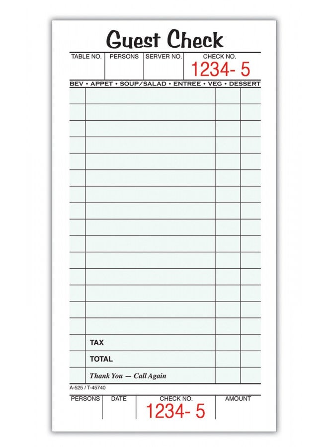 Adams Guest Check Pads, Single Part, Perforated, White, 3-2/5" x 6-3/4 ", 50 Sheets/Pad, 5 Pads/Pack (525SWMT)