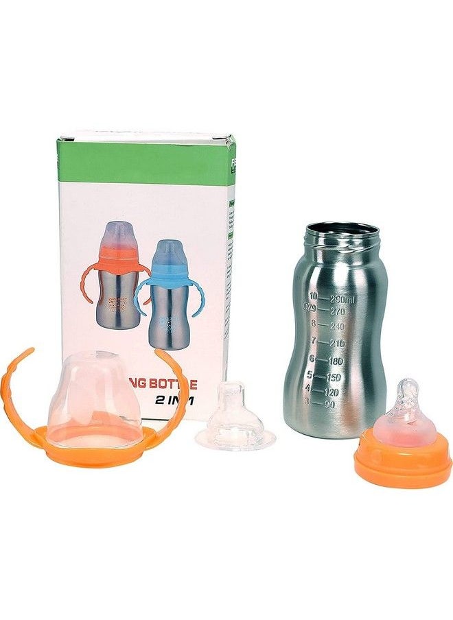 DOMENICO - World Baby Feeding Bottle In Stainless Steel High Grade Stainless Steel 2 In 1 Sipper And Feeding Bottle With Silicone Nipple For Baby (Orange290Ml) - Image 1