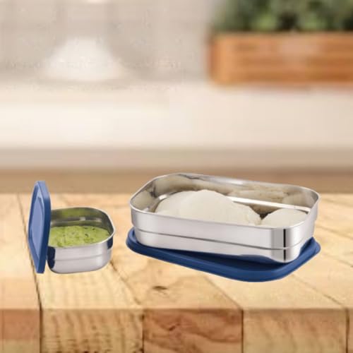 SUGAR Homeware Bravo Stainless Steel Rectangular Lunch Box Set, 650ml and 180ml Compartments, Airtight Lid, Blue, 2 Pieces - Image 1
