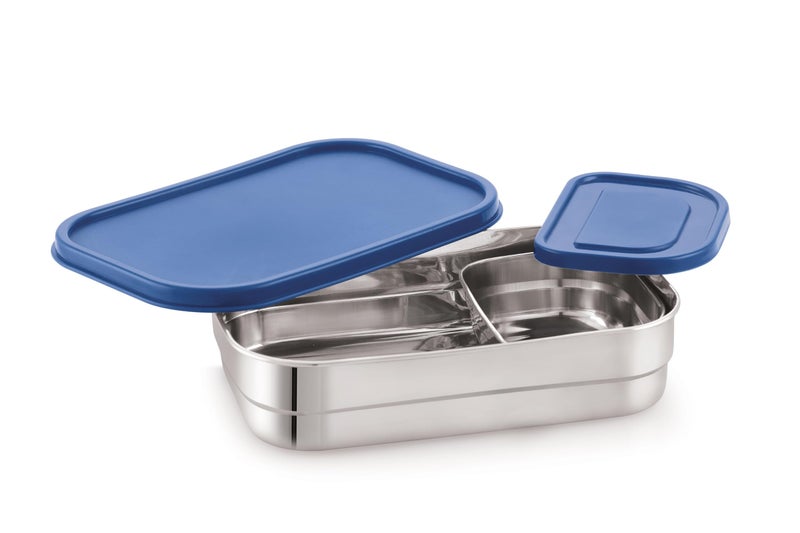 SUGAR Homeware Bravo Stainless Steel Rectangular Lunch Box Set, 650ml and 180ml Compartments, Airtight Lid, Blue, 2 Pieces - Image 3