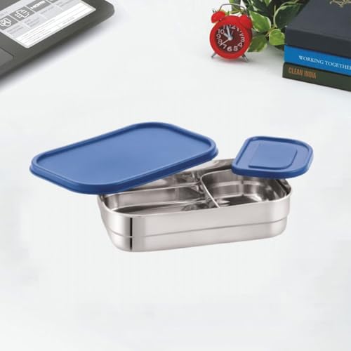 SUGAR Homeware Bravo Stainless Steel Rectangular Lunch Box Set, 650ml and 180ml Compartments, Airtight Lid, Blue, 2 Pieces - Image 5