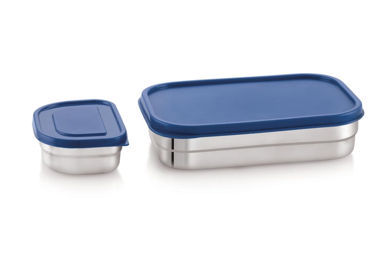 SUGAR Homeware Bravo Stainless Steel Rectangular Lunch Box Set, 650ml and 180ml Compartments, Airtight Lid, Blue, 2 Pieces - Image 2