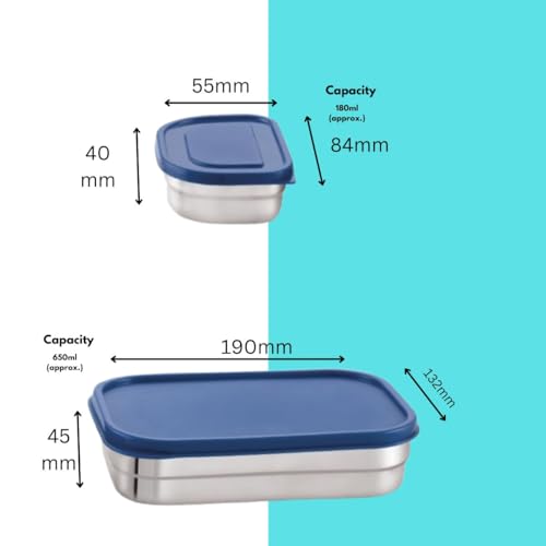 SUGAR Homeware Bravo Stainless Steel Rectangular Lunch Box Set, 650ml and 180ml Compartments, Airtight Lid, Blue, 2 Pieces - Image 4