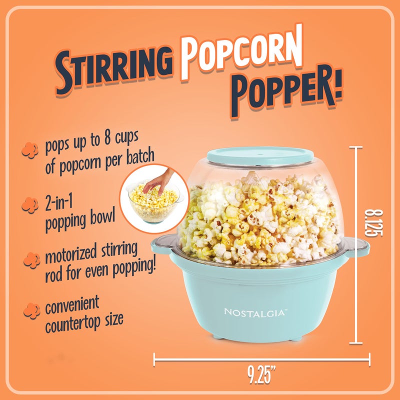 Nostalgia Electric Stirring Popcorn Maker â€“ 2 Qt Capacity â€“ Large Dual-Purpose Lid & Serving Bowl â€“ Great for Gifts, Movie Nights, & Snacks â€“ Aqua - Image 2