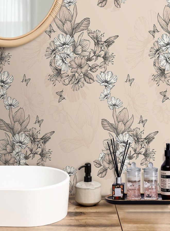 Decotalk Floral Wallpaper Beige Wallpaper Flower Wall Paper Floral Peel and Stick Vintage Flower Contact Paper 17.5"x120" Black and Cream Wall Vinyl for Bedroom Removable, Flowers Beige - Image 5