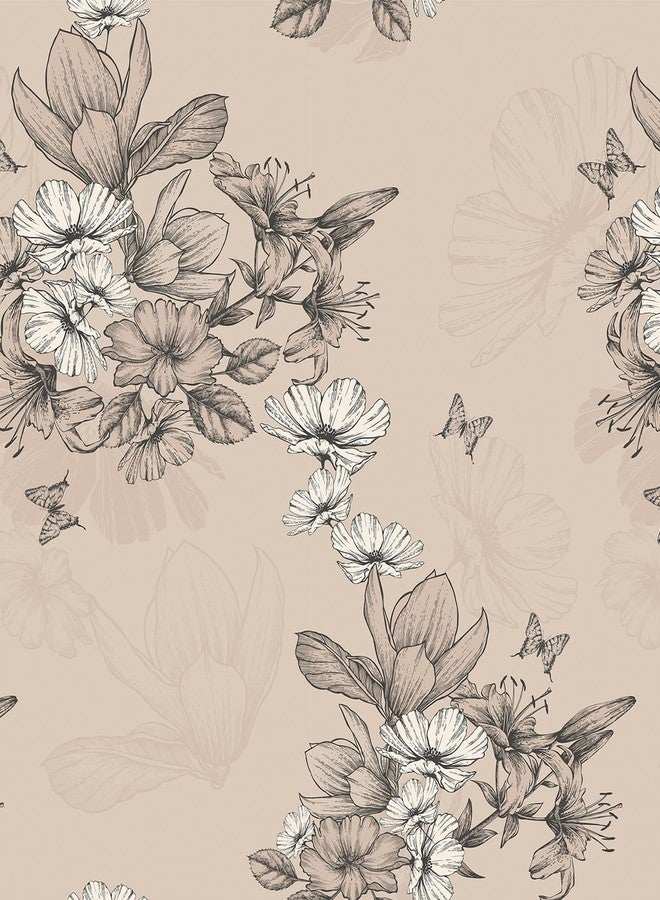 Decotalk Floral Wallpaper Beige Wallpaper Flower Wall Paper Floral Peel and Stick Vintage Flower Contact Paper 17.5"x120" Black and Cream Wall Vinyl for Bedroom Removable, Flowers Beige - Image 1