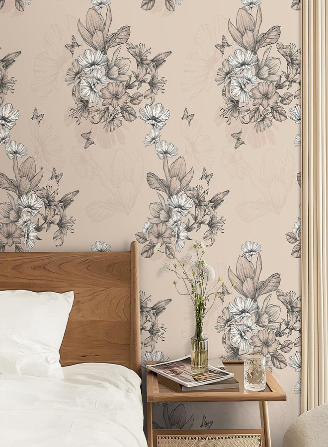 Decotalk Floral Wallpaper Beige Wallpaper Flower Wall Paper Floral Peel and Stick Vintage Flower Contact Paper 17.5"x120" Black and Cream Wall Vinyl for Bedroom Removable, Flowers Beige - Image 2