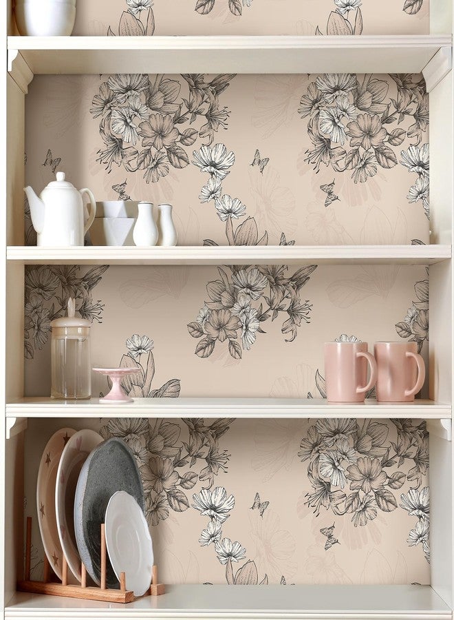 Decotalk Floral Wallpaper Beige Wallpaper Flower Wall Paper Floral Peel and Stick Vintage Flower Contact Paper 17.5"x120" Black and Cream Wall Vinyl for Bedroom Removable, Flowers Beige - Image 4