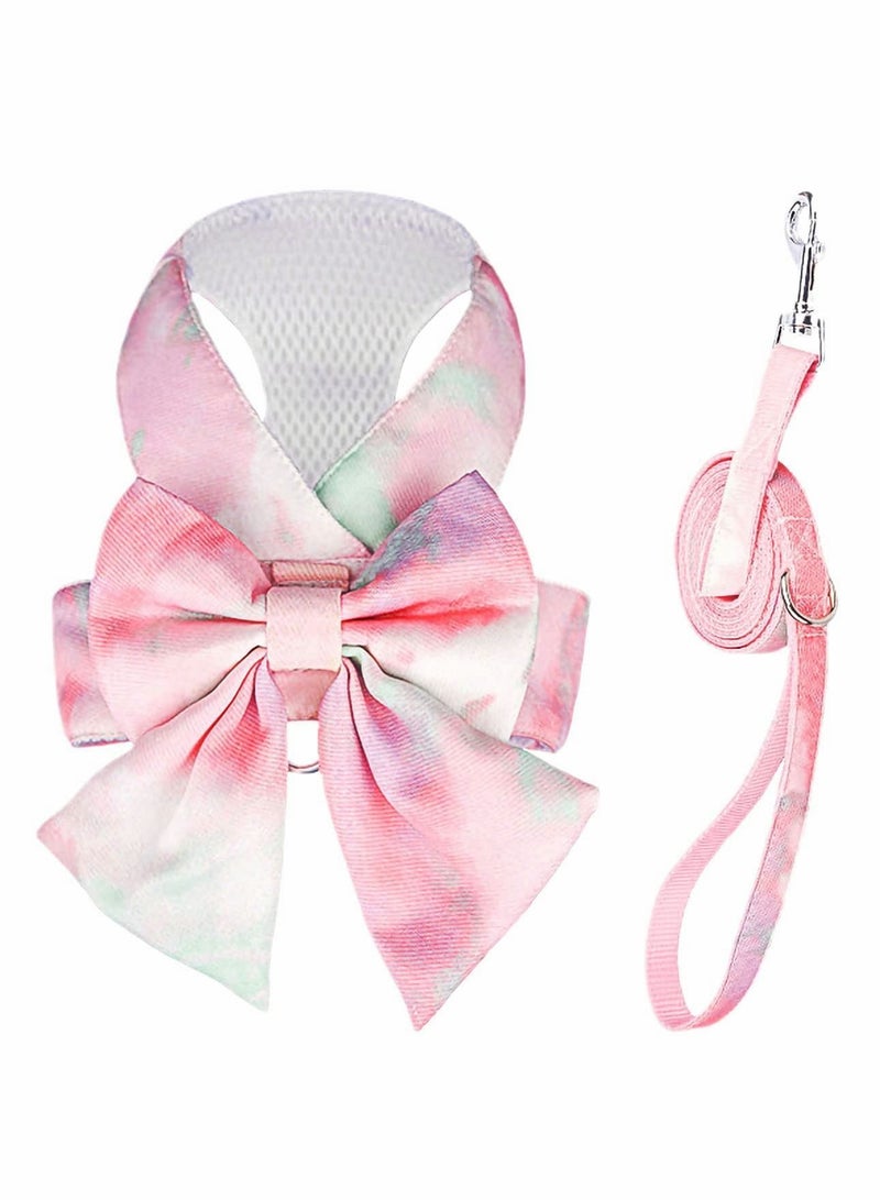 Y&D Cute Bow Tie Dog Harness and Leash Set Elegant Rainbow Gradient Puppy No Pull Soft Mesh Pet Cat Vest Harnesses for Small Dogs Cats, Pink - Image 1