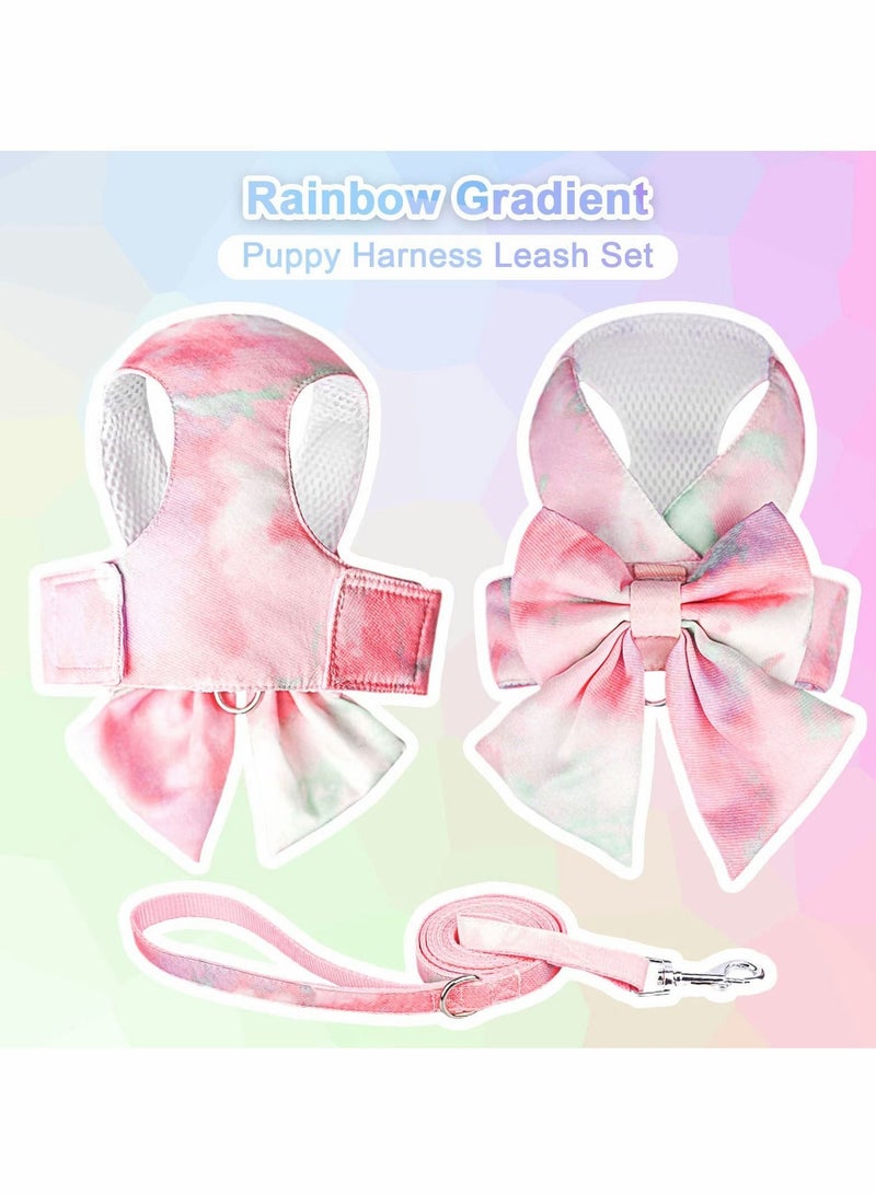 Y&D Cute Bow Tie Dog Harness and Leash Set Elegant Rainbow Gradient Puppy No Pull Soft Mesh Pet Cat Vest Harnesses for Small Dogs Cats, Pink - Image 4