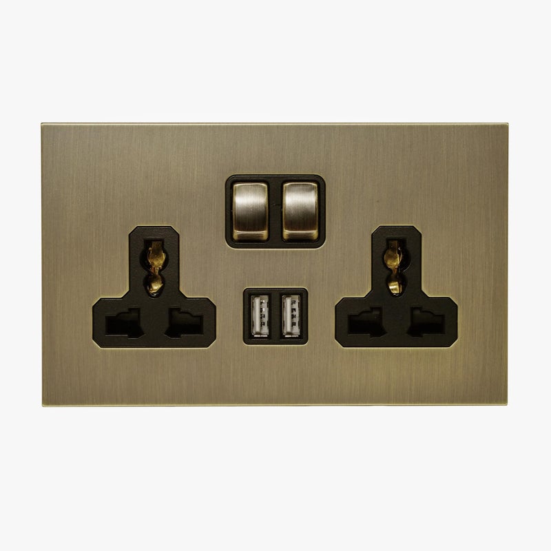 Donmarco 2 Gang Double MF Socket 13A With 2 USB Ports (5V 2.1A) – Stainless Steel Panel, Fire-Resistant Electric Outlet, 3-Year Warranty, Dual Charging Ports, 13A Power Outlet (Light Antique Brass) - Image 1