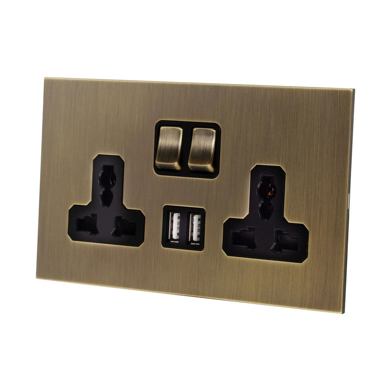 Donmarco 2 Gang Double MF Socket 13A With 2 USB Ports (5V 2.1A) – Stainless Steel Panel, Fire-Resistant Electric Outlet, 3-Year Warranty, Dual Charging Ports, 13A Power Outlet (Light Antique Brass) - Image 2